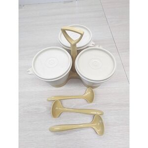 Tupperware Condiment Caddy Set Almond/Harvest Gold With 3 Serving Spoons Vintage